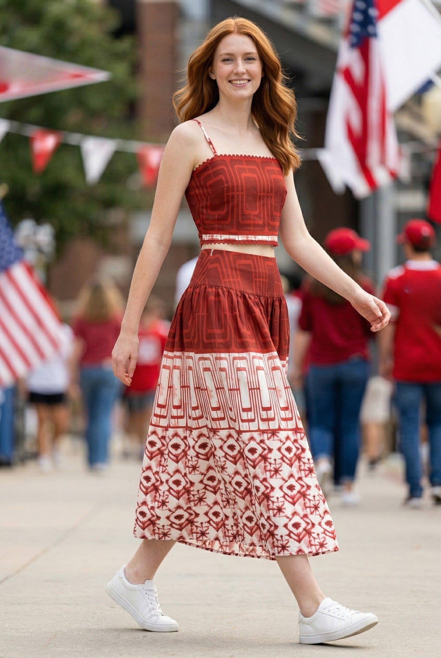Geometric printed crop top and midi skirt set: RED COMBO / L