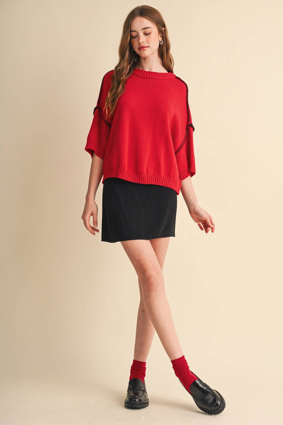 Red & Black Blanket Stitch Short Sleeve Sweater