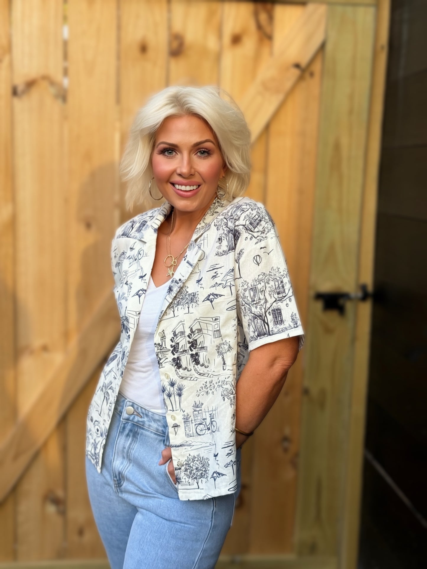 Chemise boutonnée en lin imprimé | Blouse femme fluide à manches courtes | Haut d'été léger | Chemise de vacances coupe décontractée