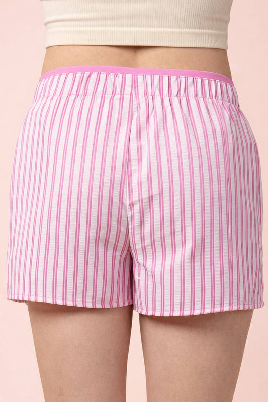 Pink Stripe Boxer Shorts for Women | Elastic Waist Lounge Shorts with Pockets