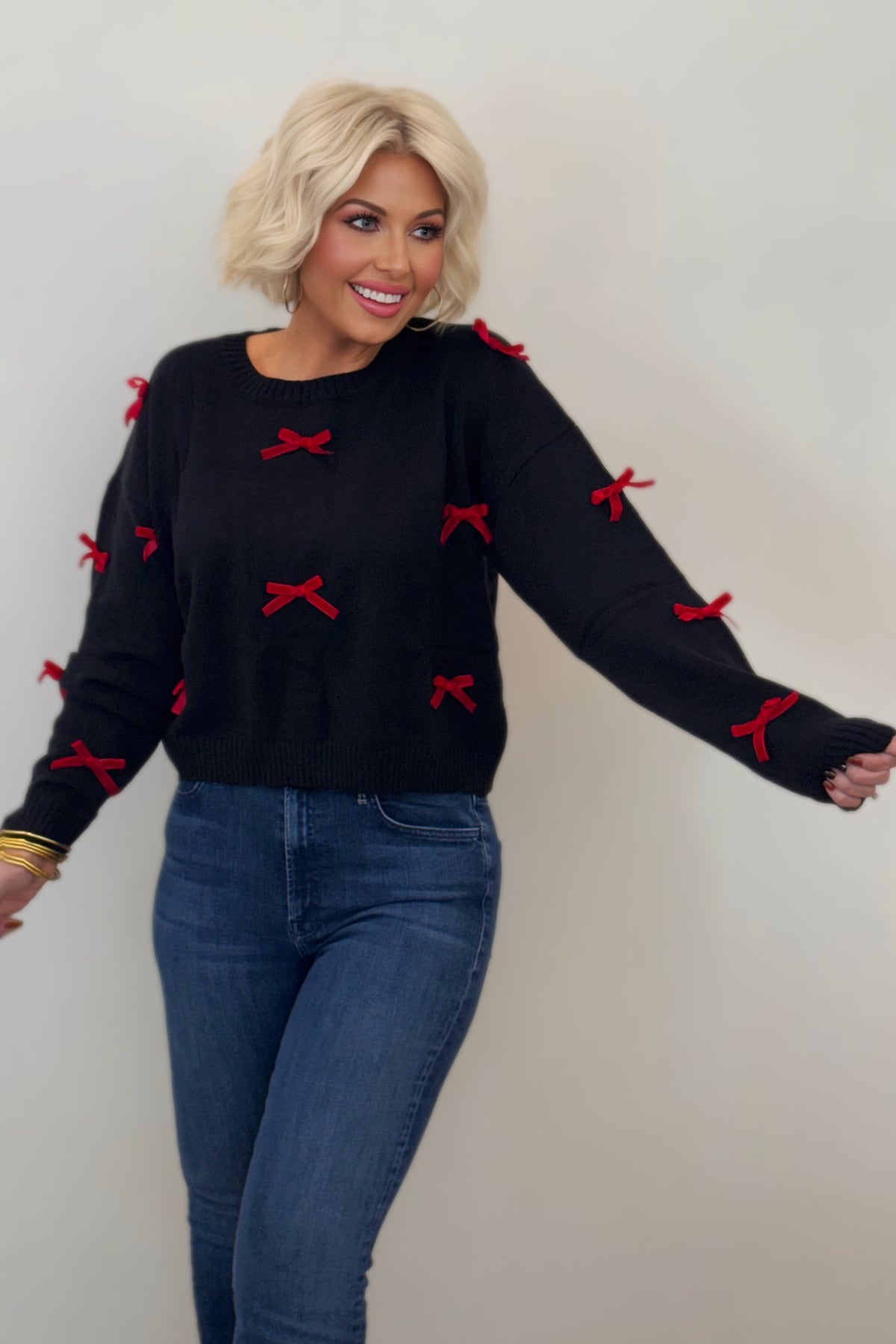 Black Sweater with Red Velvet Ribbon Bows