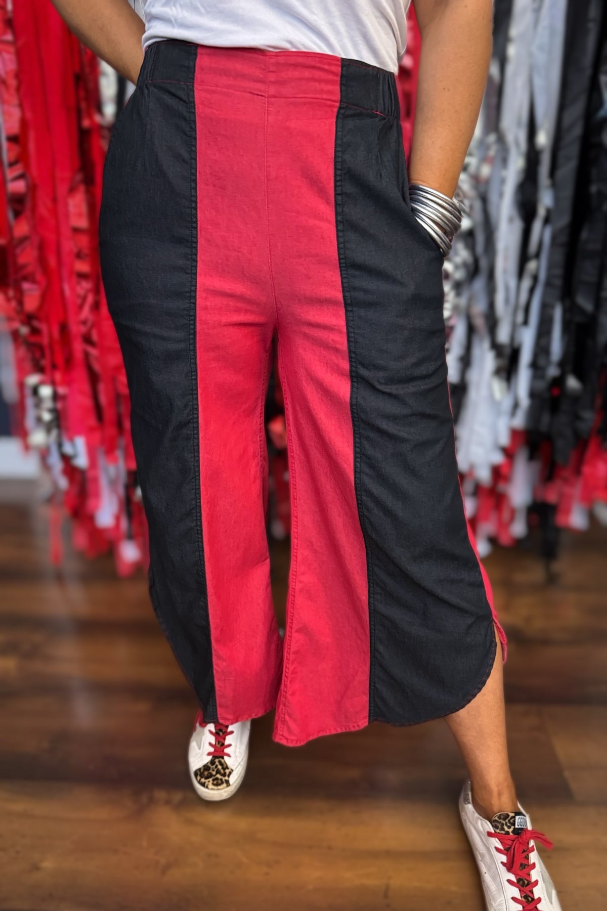 Red and Black Color Block Tulip Pants