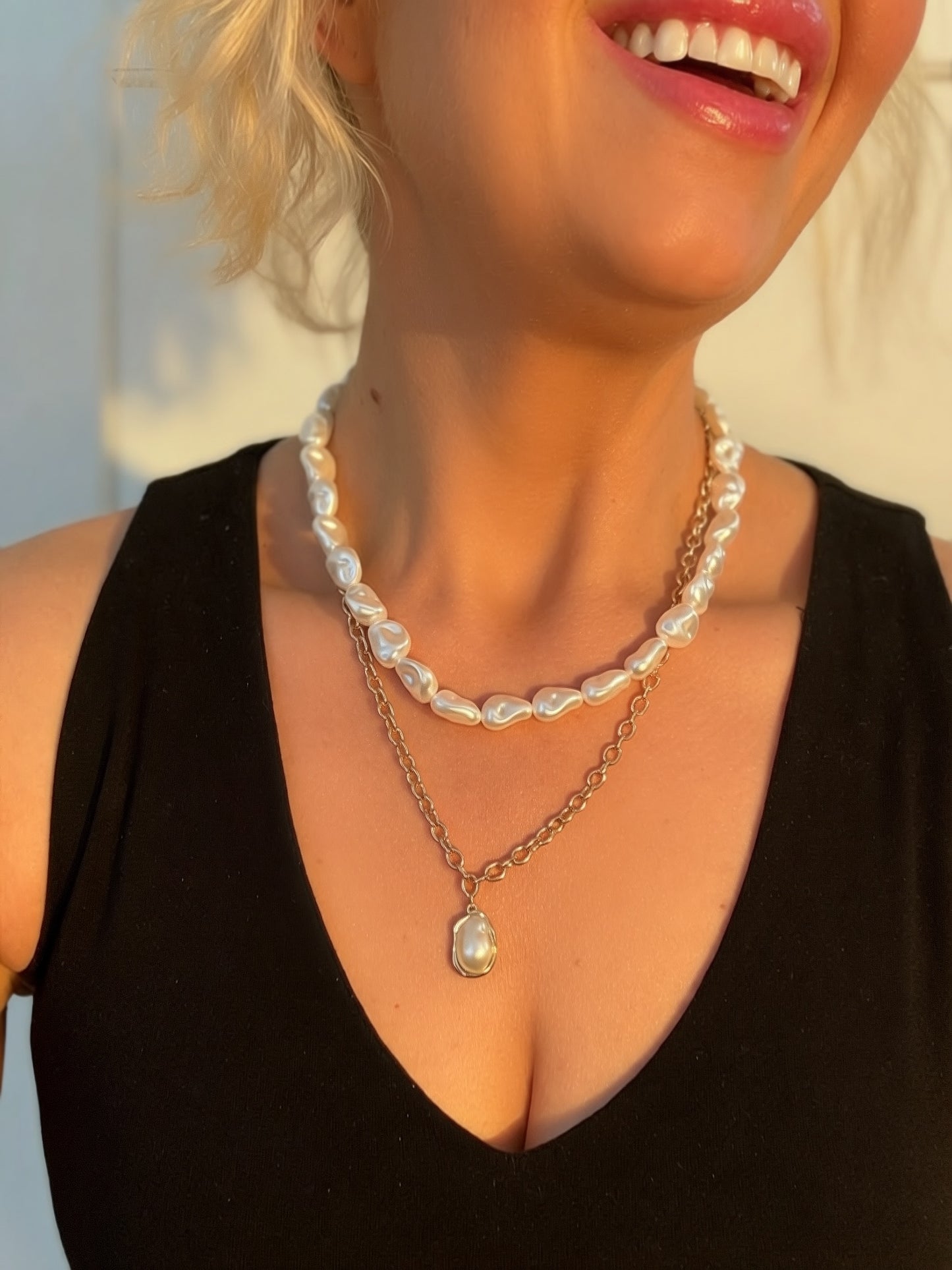 Collier Pendentif Perle Superposé Chaîne Perles Polies