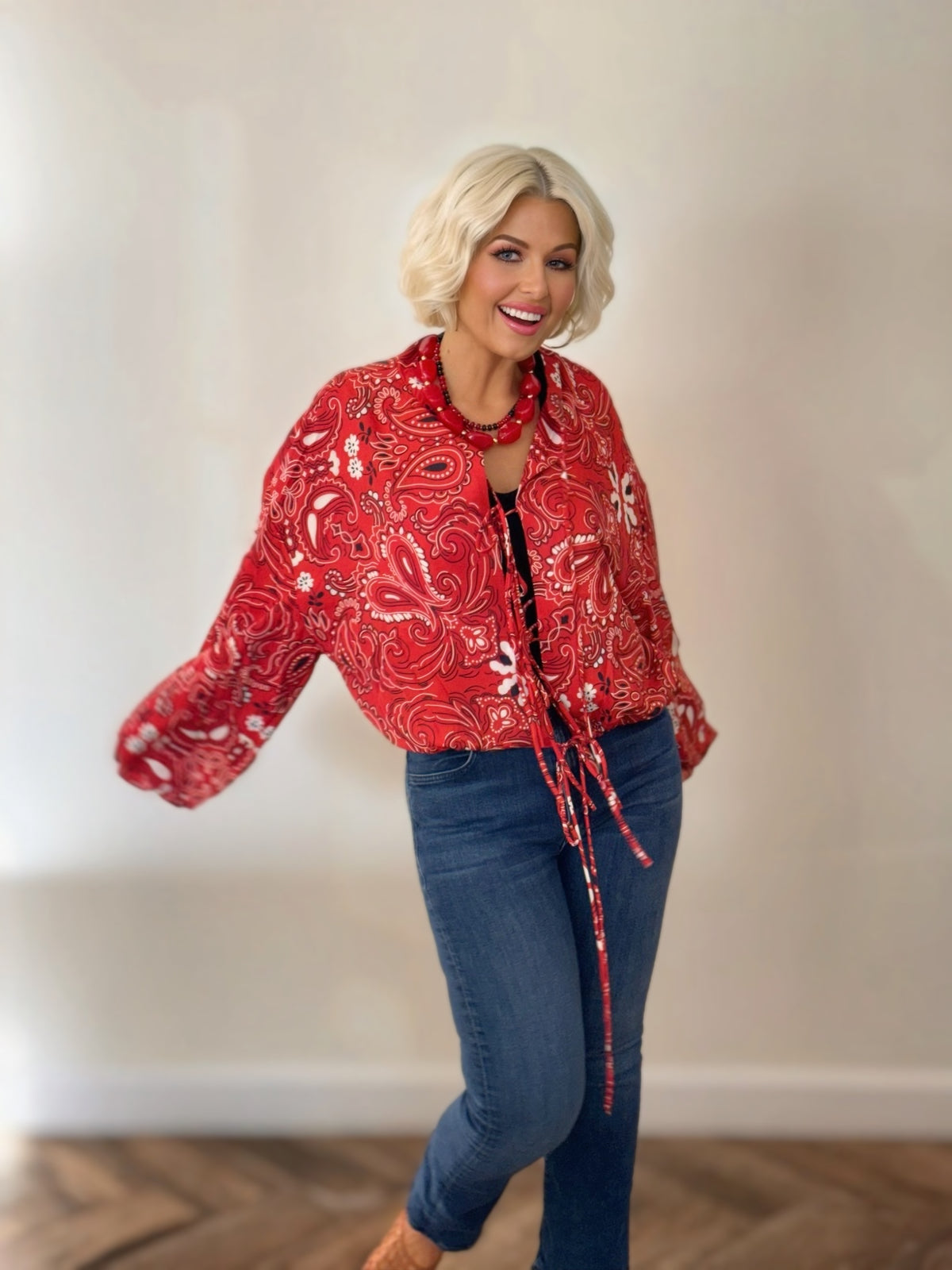 Red Paisley Tie-Front Cropped Jacket
