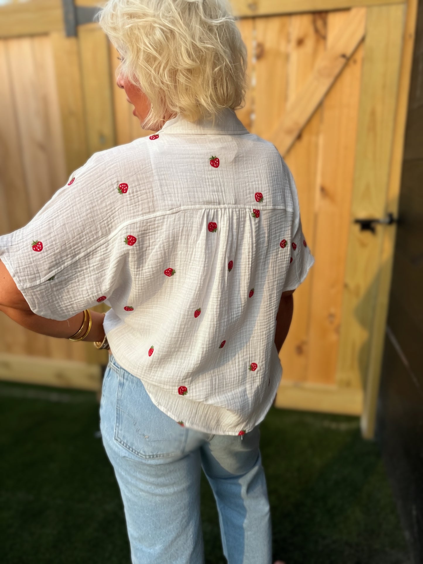 NT12582-Fruchtstickerei Oversized Gaze Hemd Top: ERDBEERE / S-M-L/2-2-2