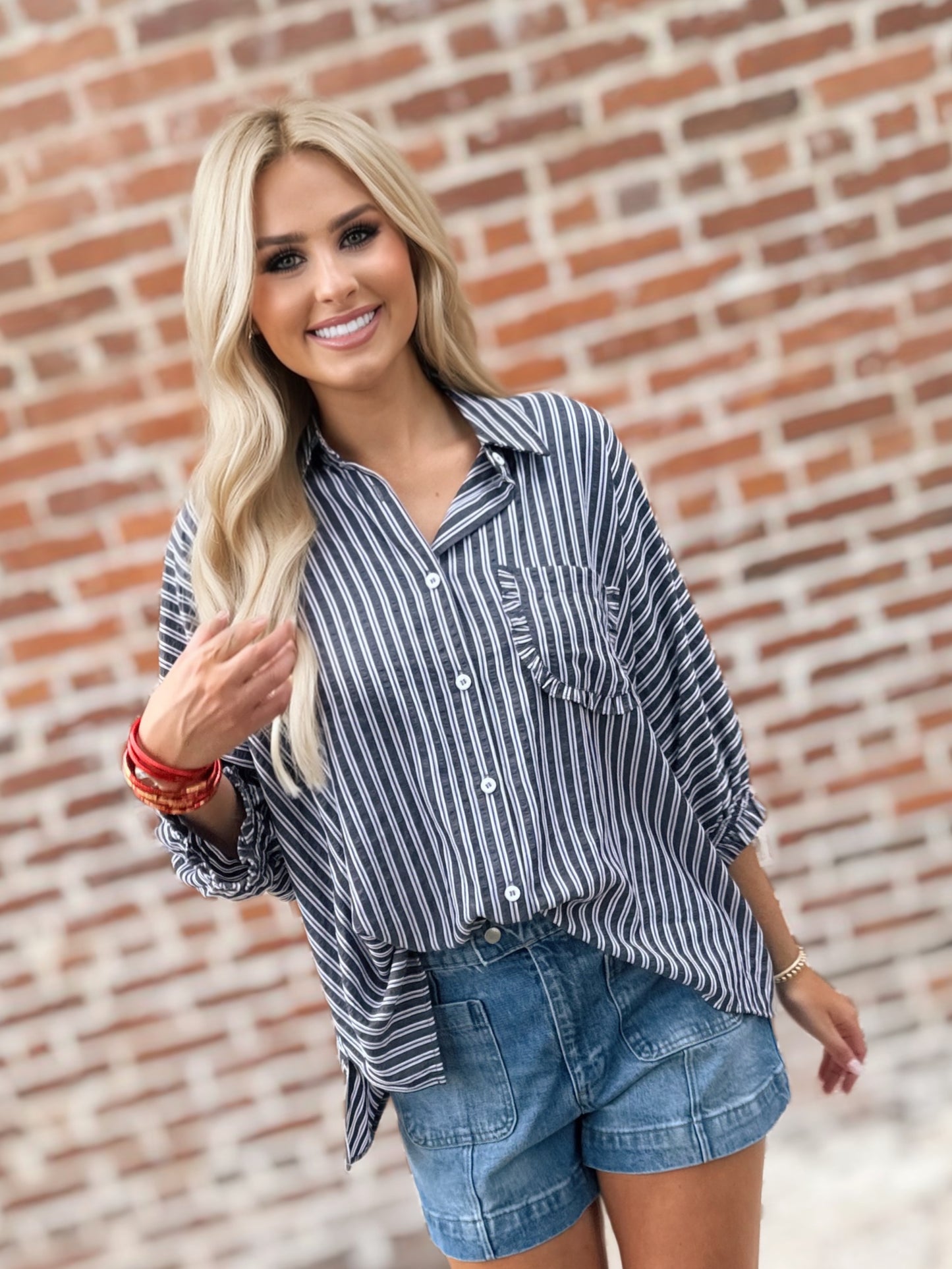 Black Striped Button Down Oversized Blouse