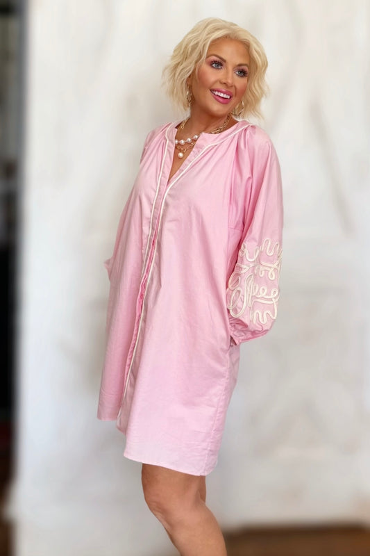 The Sunday Brunch Embroidered Sleeve Baby Doll Button Down Mini Dress