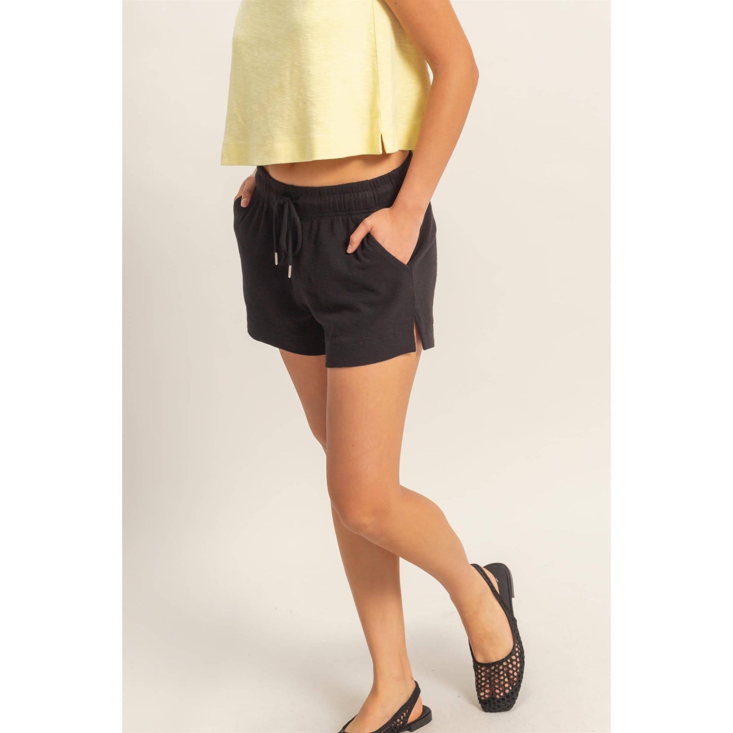 Black Drawstring Lounge Shorts | Elastic Waist Casual Shorts | Matching Set Bottom
