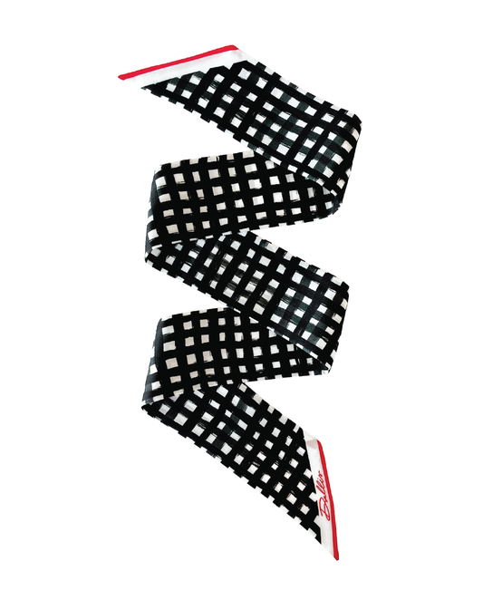 Black, white and red silk twilly scarf featuring an original watercolor check pattern and pointed ends.
