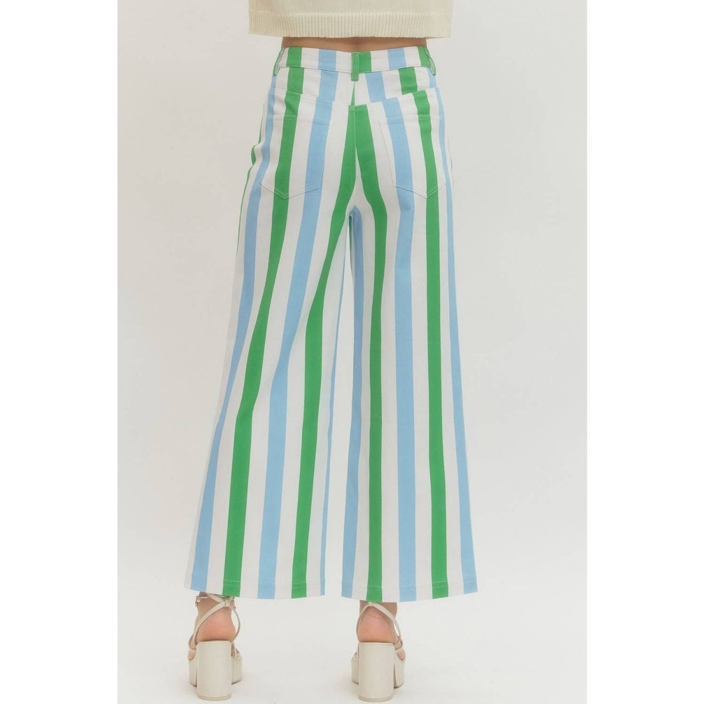 Green & Blue Stripe Straight-Leg Pants | Lightweight Cotton Wide Leg Pants