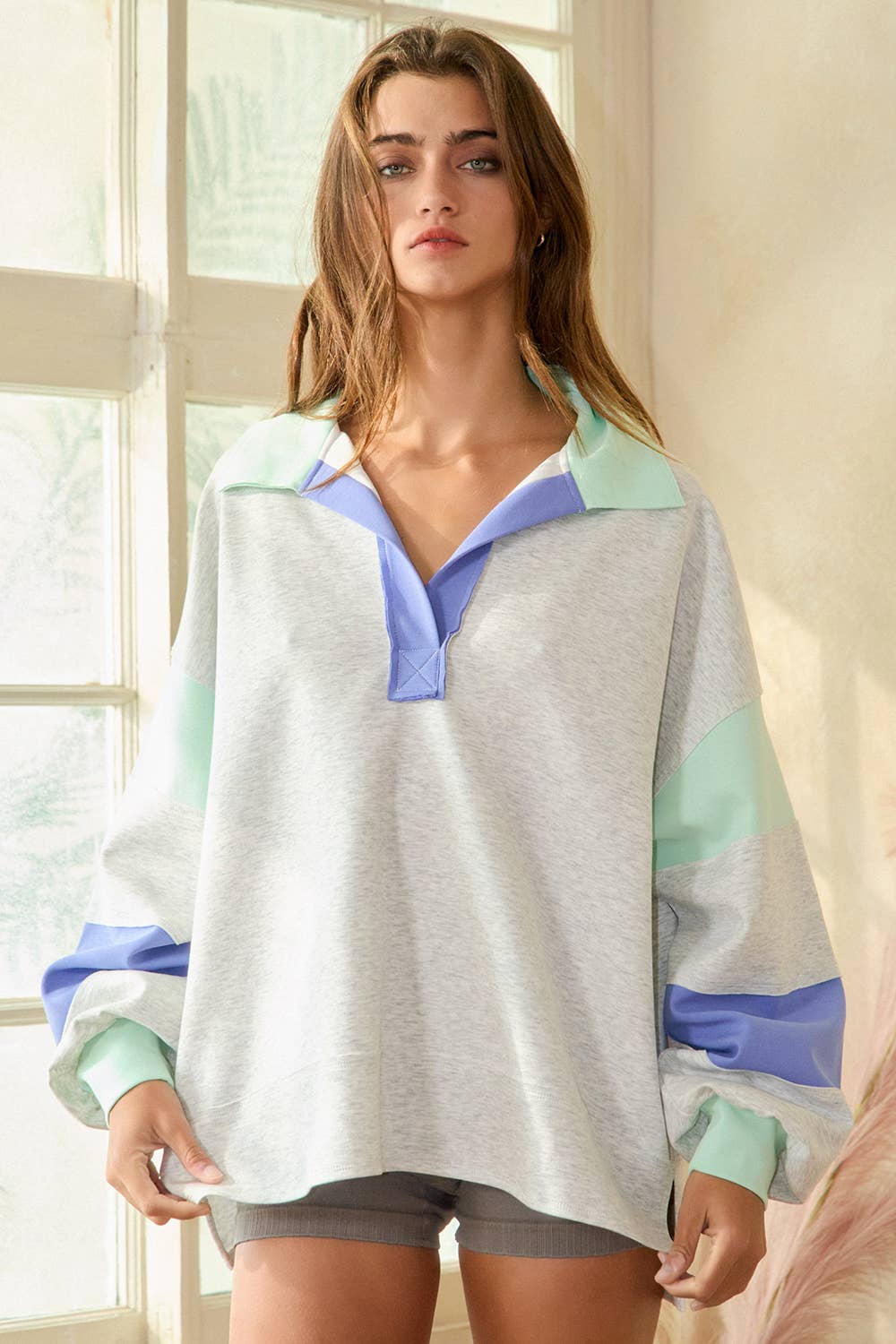 Preppy Little Secret - Mint & Grey Color-Block Collared Neck Oversized Top