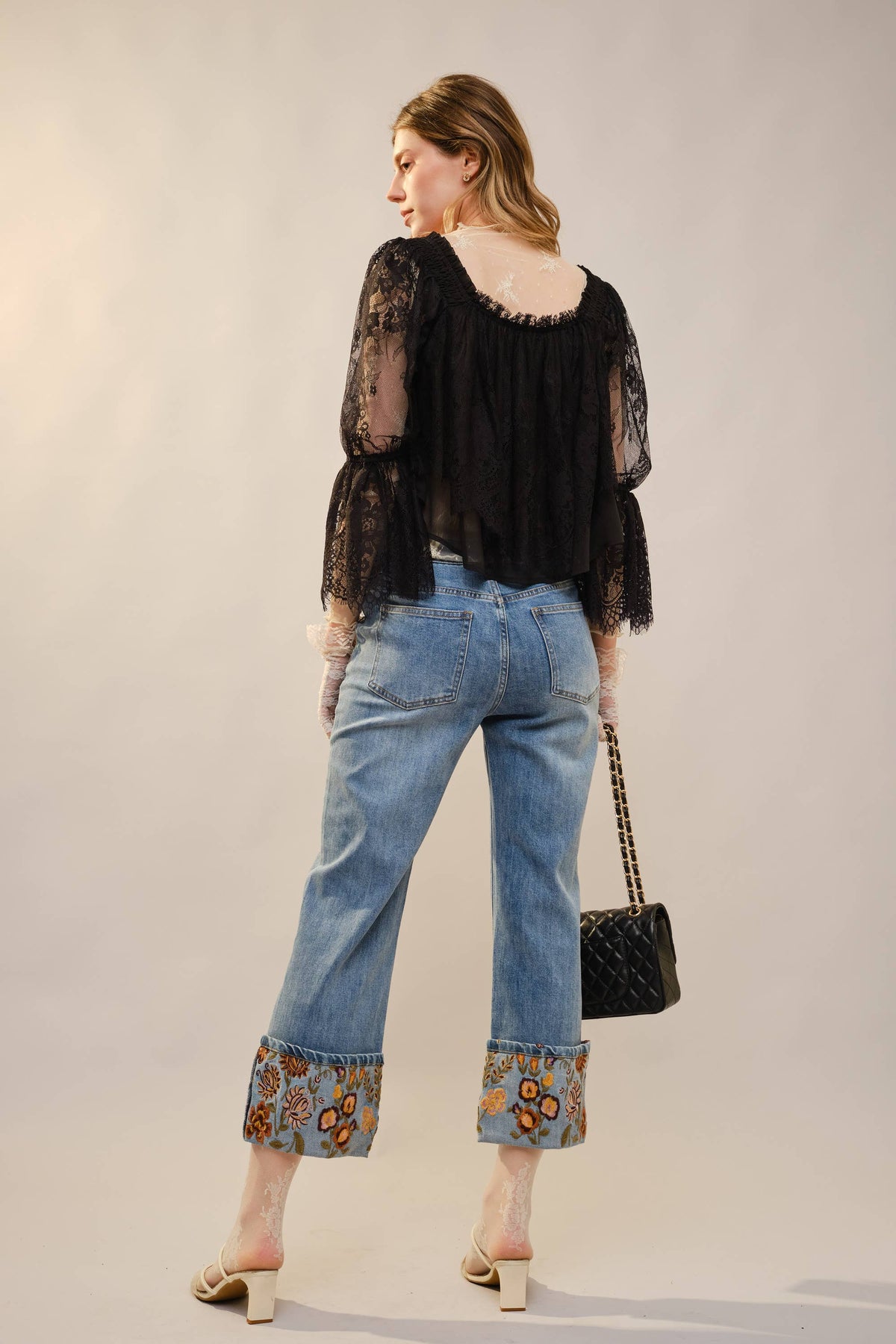 Fall Floral Embroidered Cuffed Jeans – High Rise Cropped Denim