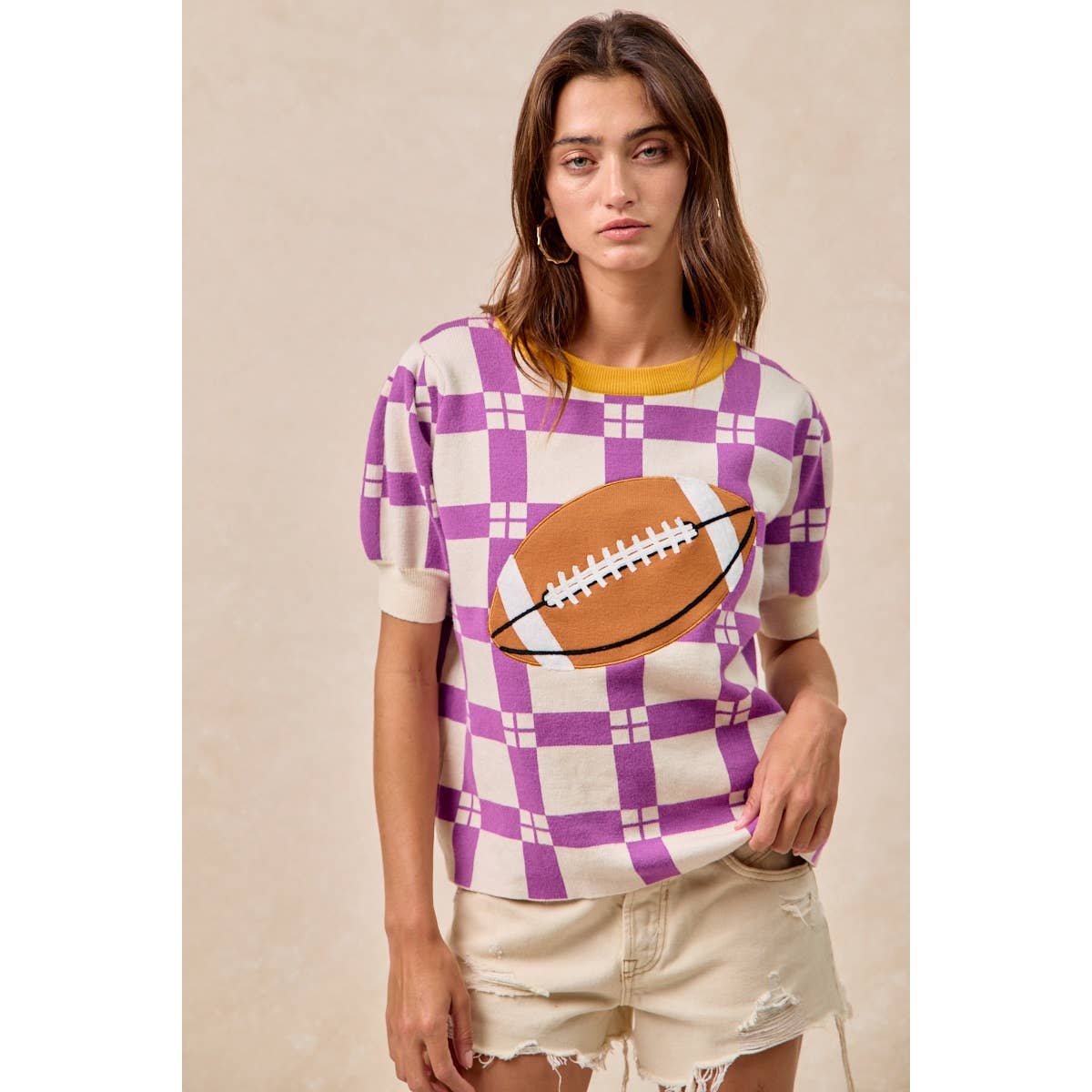GAMEDAY THEME CHECKER PATTERN FOOTBALL PATCHED TOP: PURPLE/GOLD / L