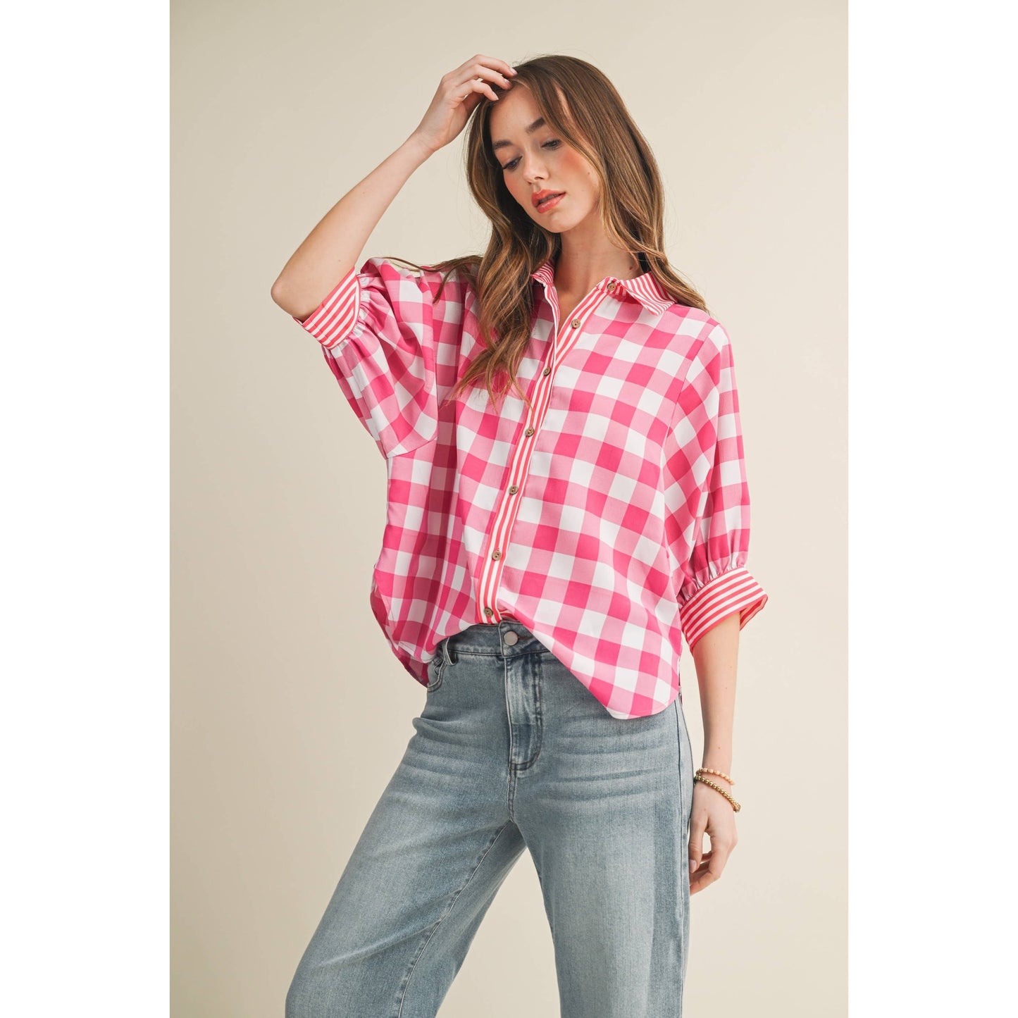 Romantic Gingham Check Pattern Elegant Blouse: RED / S-M-L-XL(2-2-2-1)