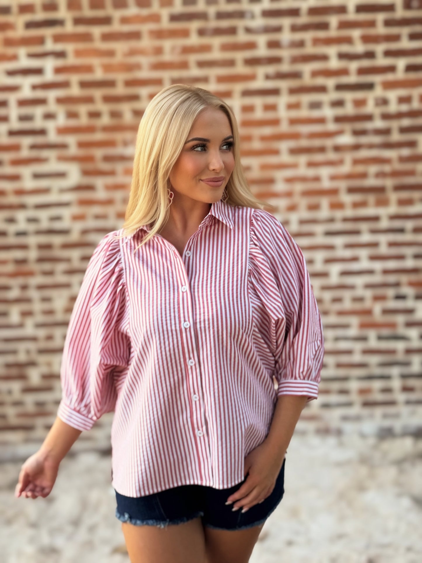 Crimson Charm Striped Puff-Sleeve Blouse