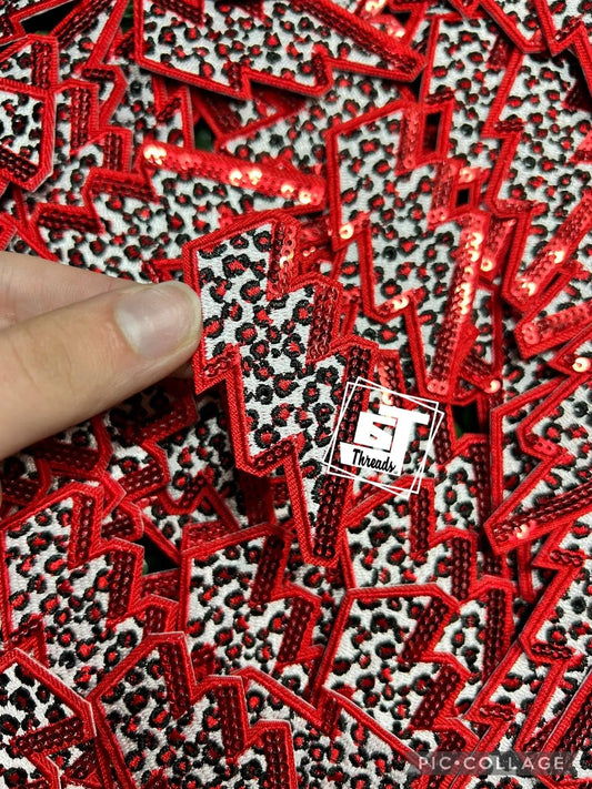 Red Leopard Print Lightning Bolt....Cap Patches Only: Red Leopard Print Lightning Bolt 6j Threads LLC