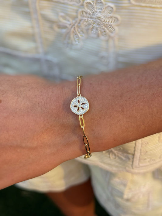Gold Sand Dollar Bracelet | Adjustable Beach Charm Bracelet | CZ Pave Coastal Jewelry | 18K Gold Plated Slider Bracelet Gift for Her
