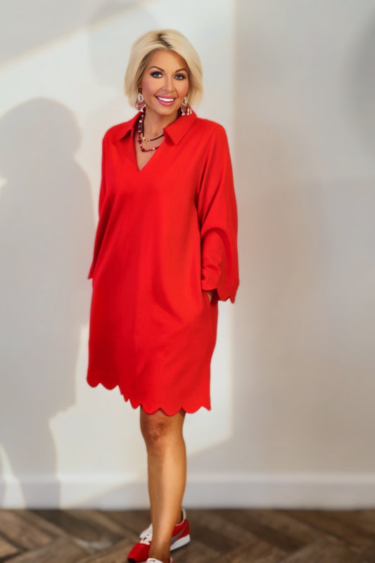 Red Scallop Hem Collared Swing Dress With Pockets