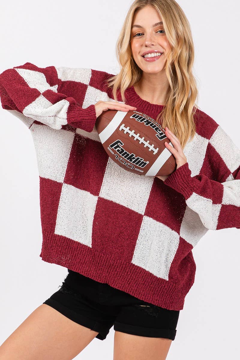 CHECKER SWEATER TOP : PURPLE/YELLOW / L