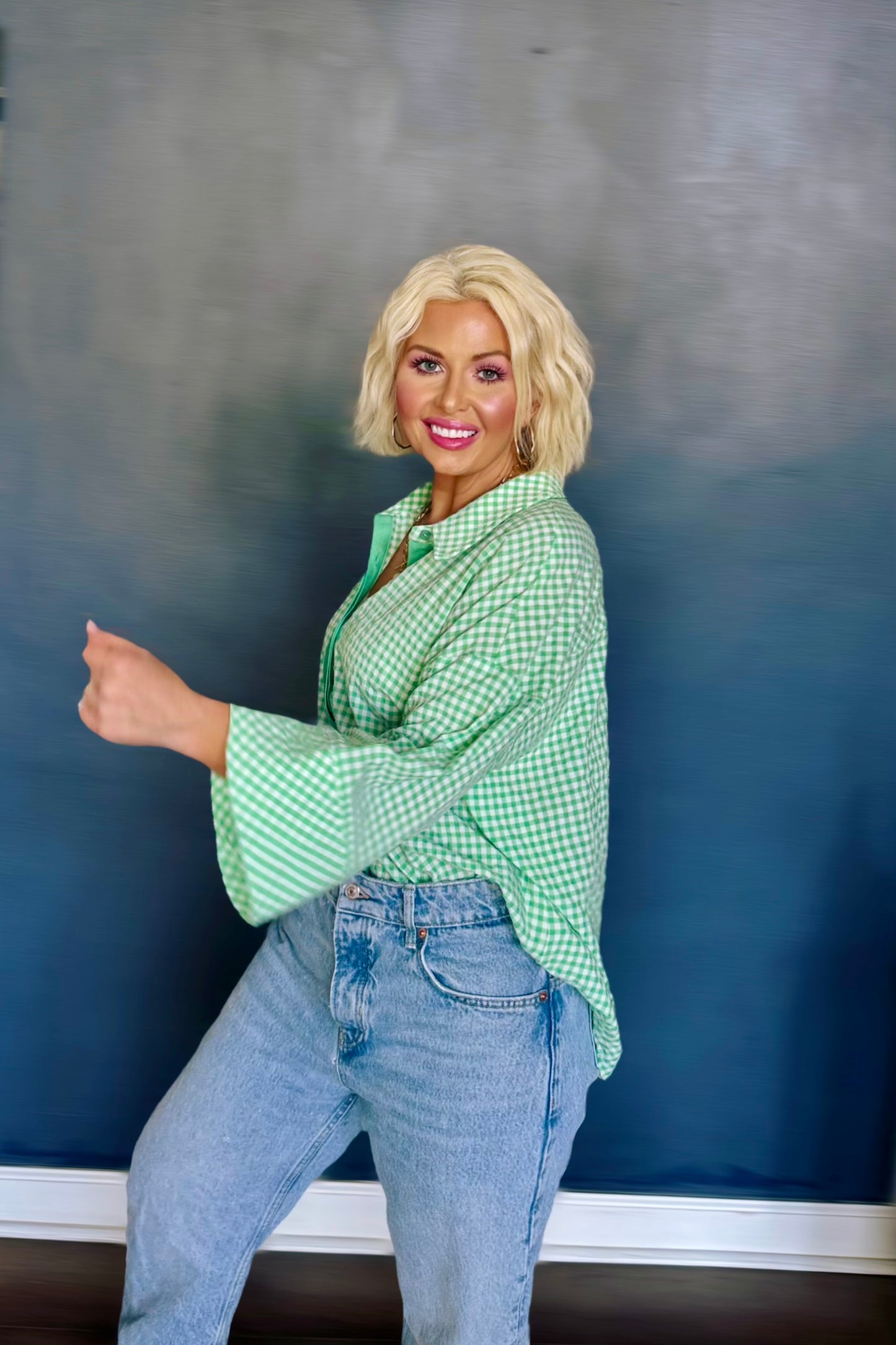 Gingham & Grace Kelly Green Relaxed 3/4 Sleeve Button-Down Top