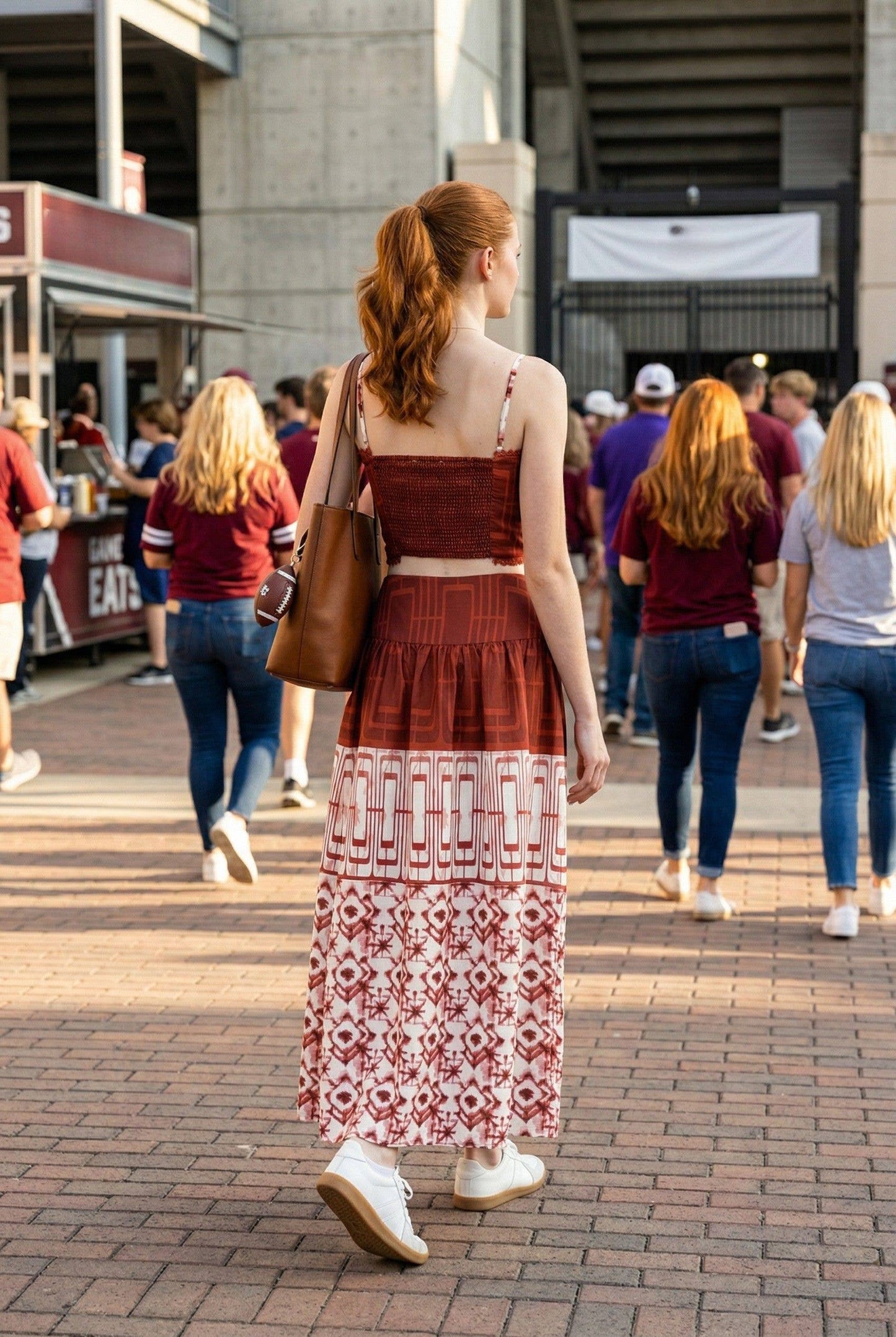 Geometric printed crop top and midi skirt set: RED COMBO / L