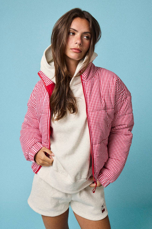 Check Me Out: Red & White Gingham Zip-Up Puffer Jacket