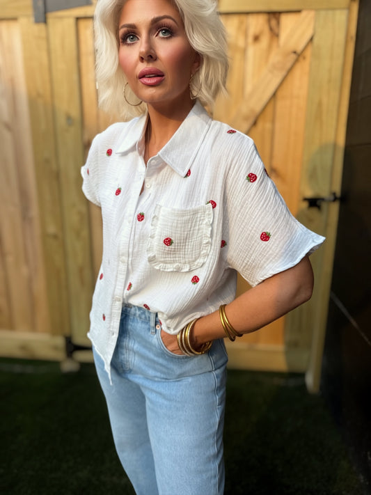 Sweet Strawberry Embroidered Oversized Gauze Button Down Shirt