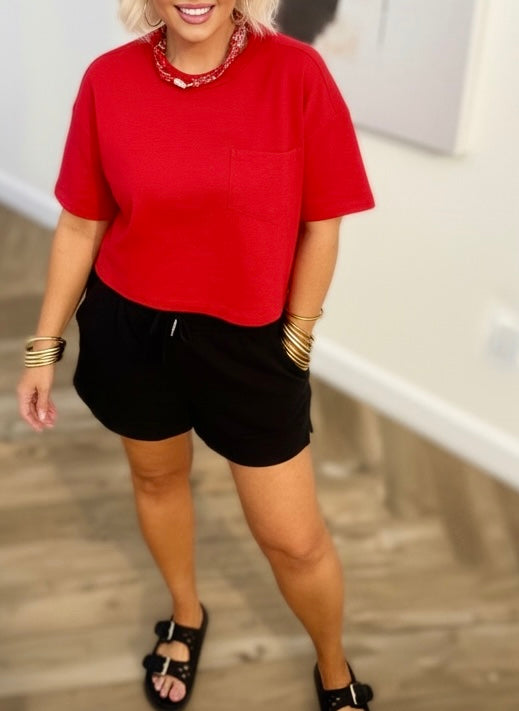 Red Relaxed Crop Tee | Boxy Pocket T-Shirt | Matching Set Top