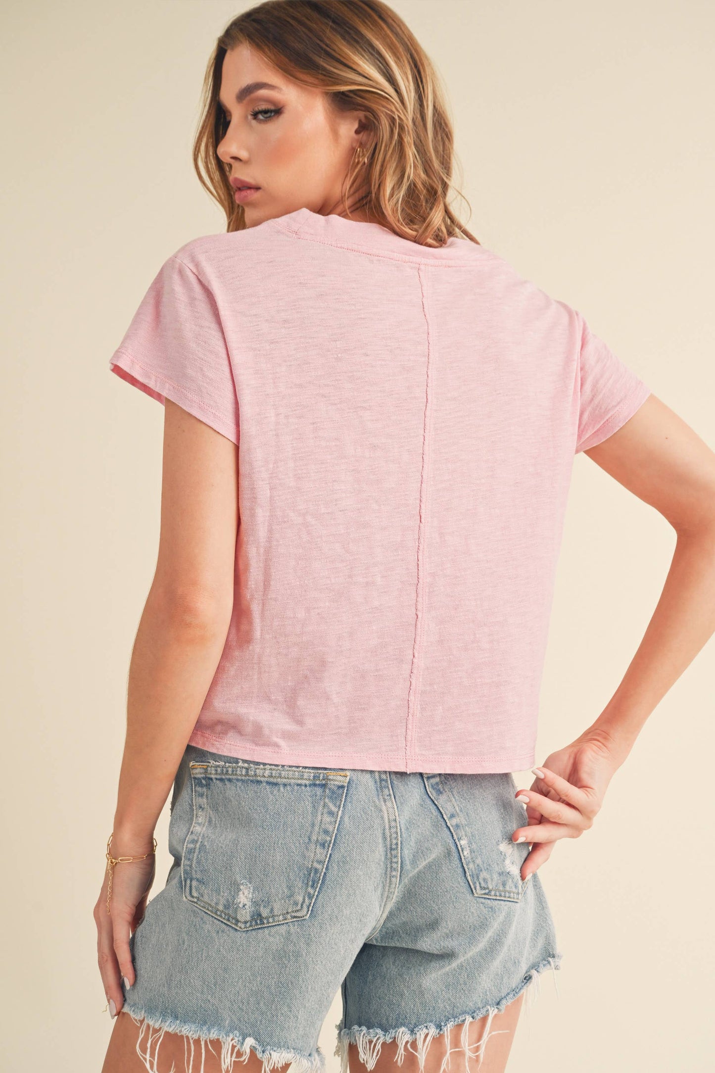 Soft Pink V-Neck Cropped T-Shirt