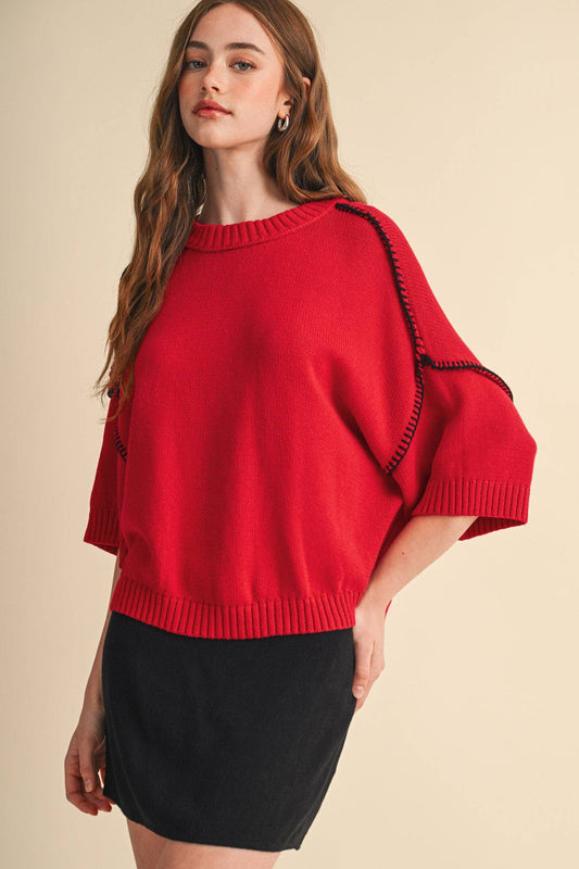 Red & Black Blanket Stitch Short Sleeve Sweater