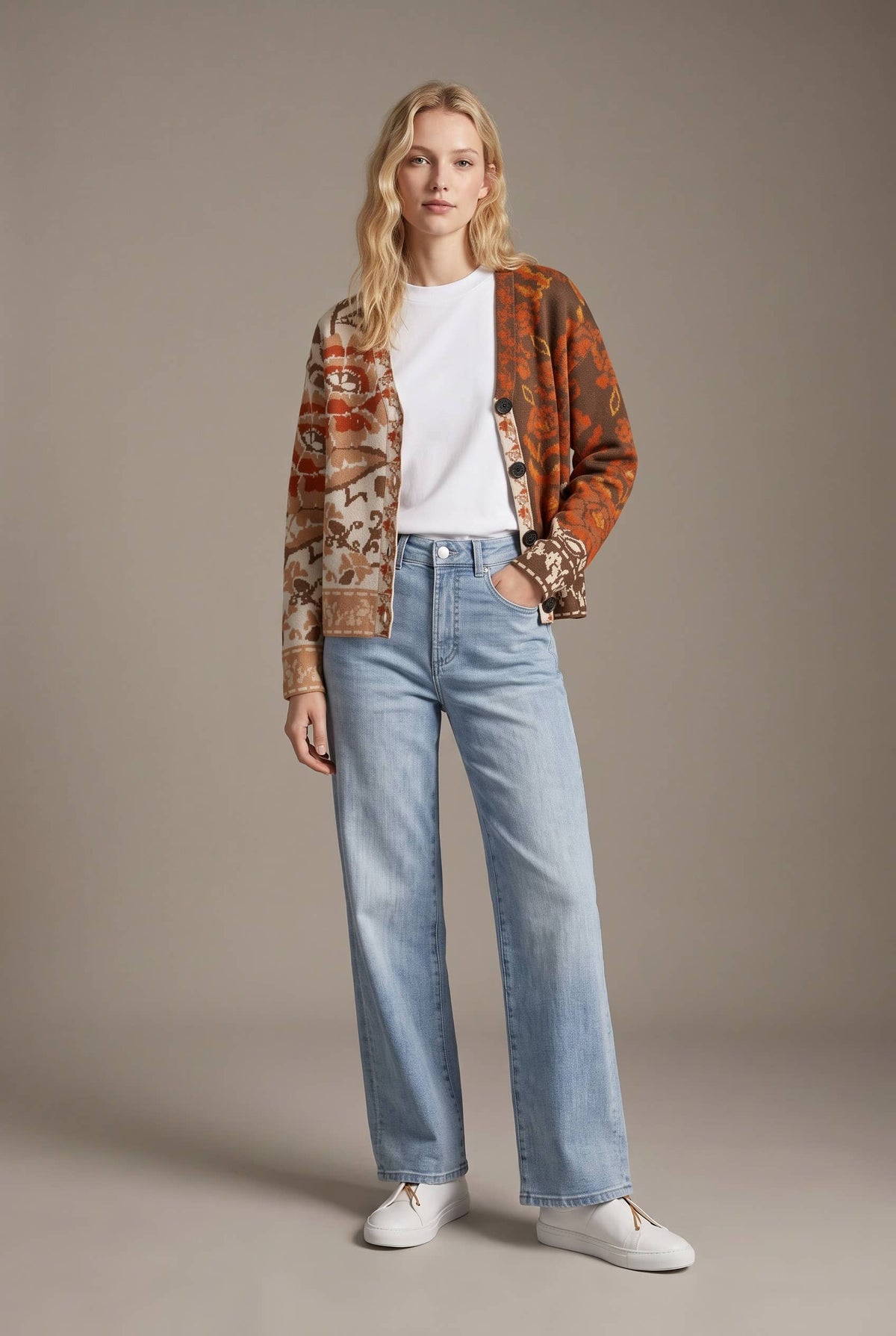 Rustic Fall Mixed Floral Jacquard Button-Front Cardigan