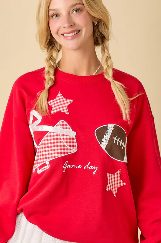 Football Game Day Patchwork Long Sleeve Crewneck Top: RED / S Main Strip
