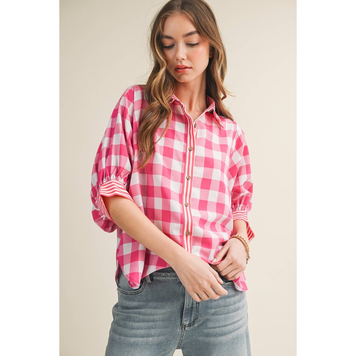 Romantic Gingham Check Pattern Elegant Blouse: RED / S-M-L-XL(2-2-2-1)