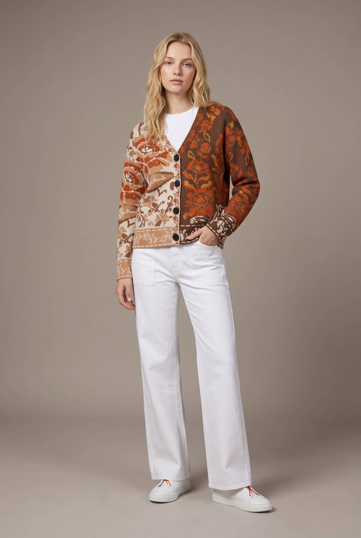 Rustic Fall Mixed Floral Jacquard Button-Front Cardigan