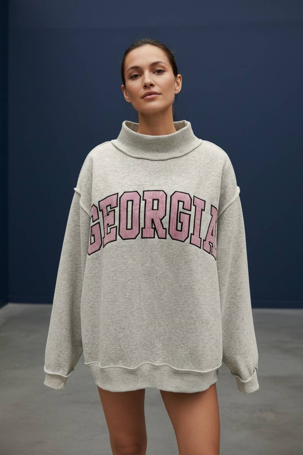 georgia embroidered terry sweatshirt women oversized mock neck grey varsity pullover cozy lounge top