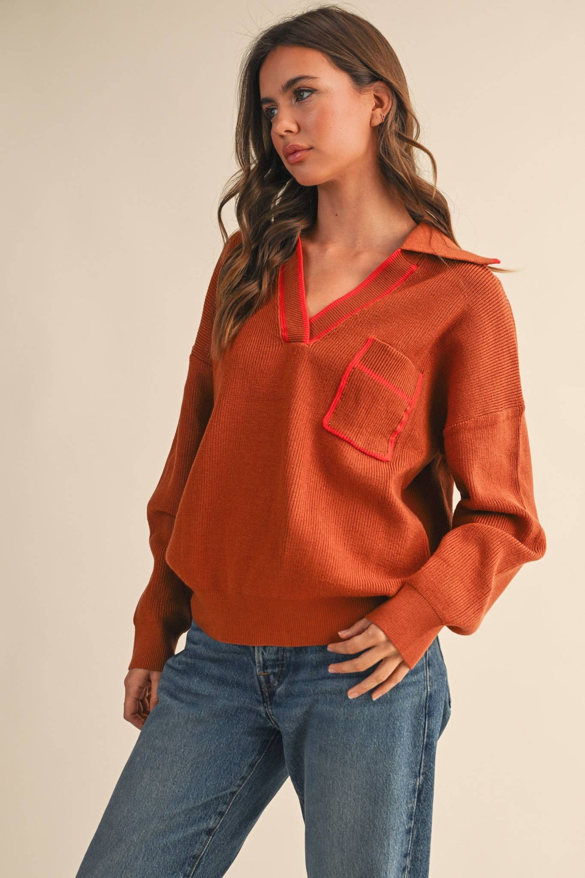 Ginger Ribbed Collared V-Neck Pullover Sweater