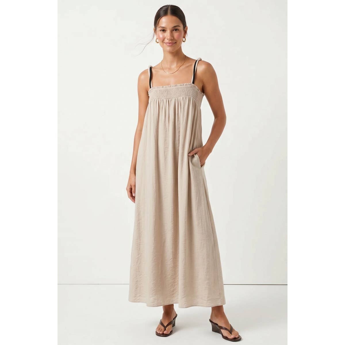 Cord Detail Smocking Maxi Dress: Peridot / L
