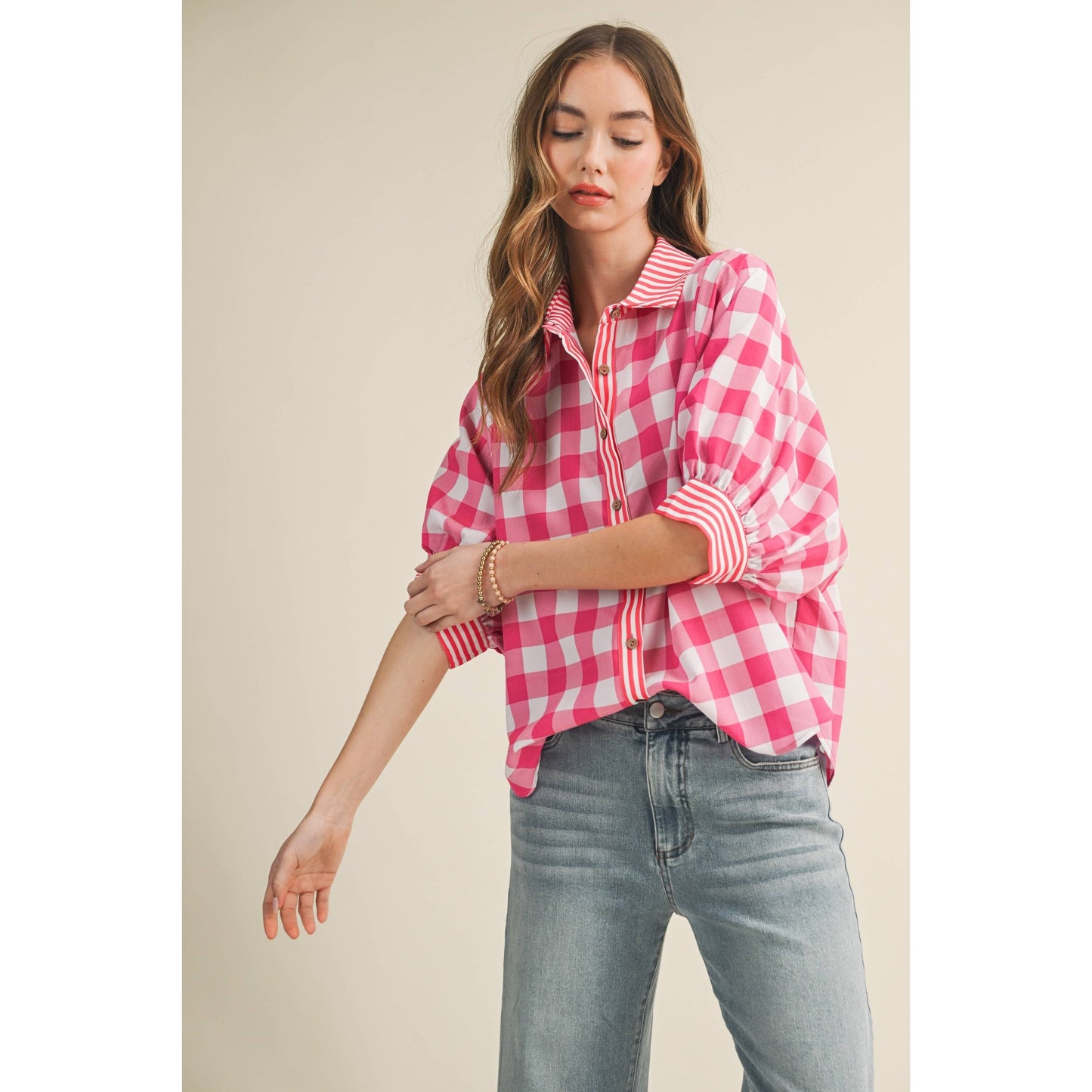 Romantic Gingham Check Pattern Elegant Blouse: RED / S-M-L-XL(2-2-2-1)