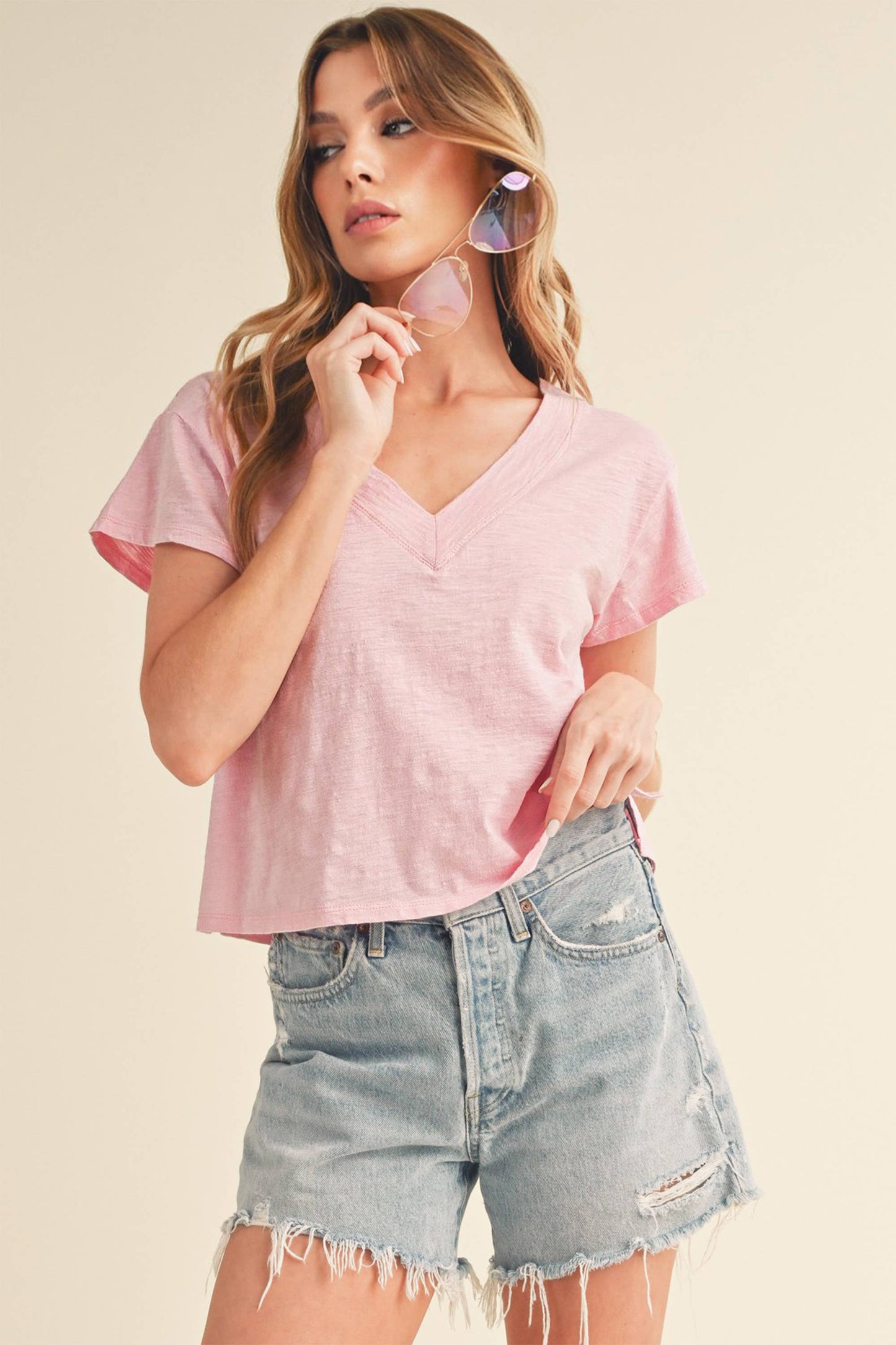 Soft Pink V-Neck Cropped T-Shirt