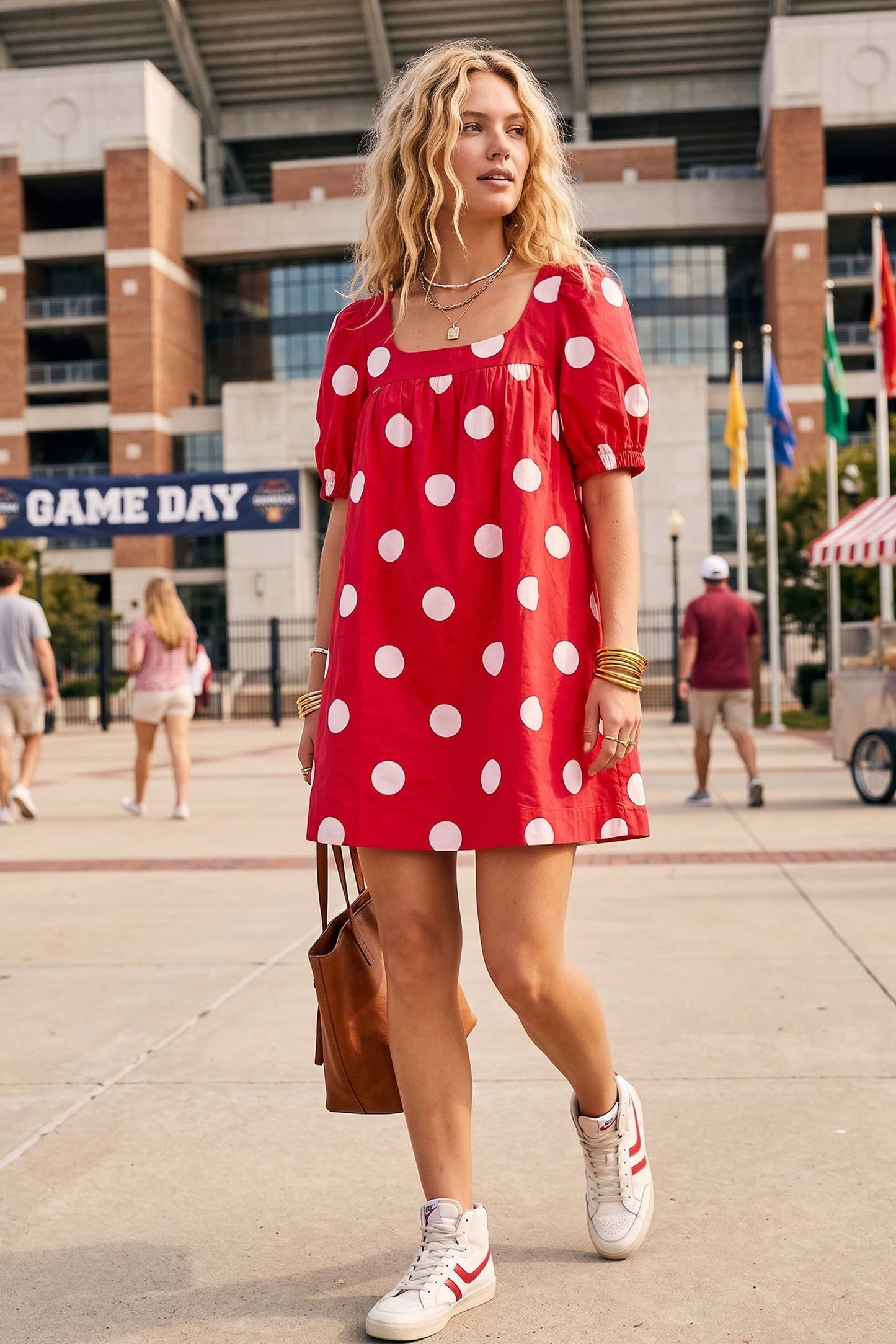 Gameday Polka Dot Puff Sleeve Dress: RED/BLACK / L