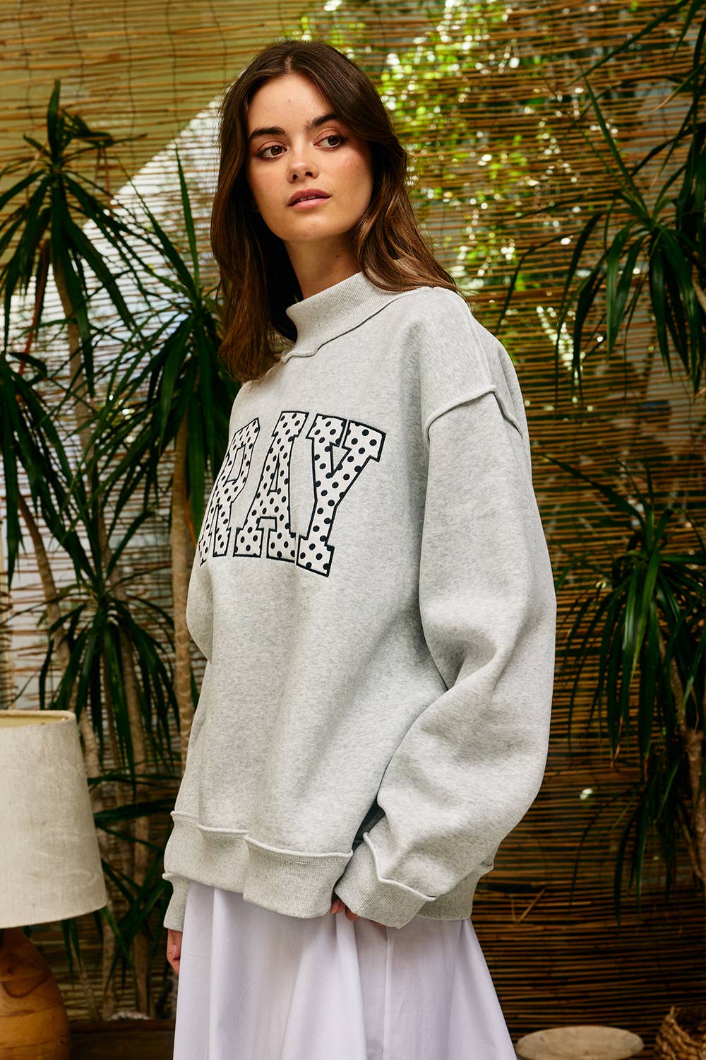 Polka Dot PRAY Appliqué Oversized Mock Neck Sweatshirt