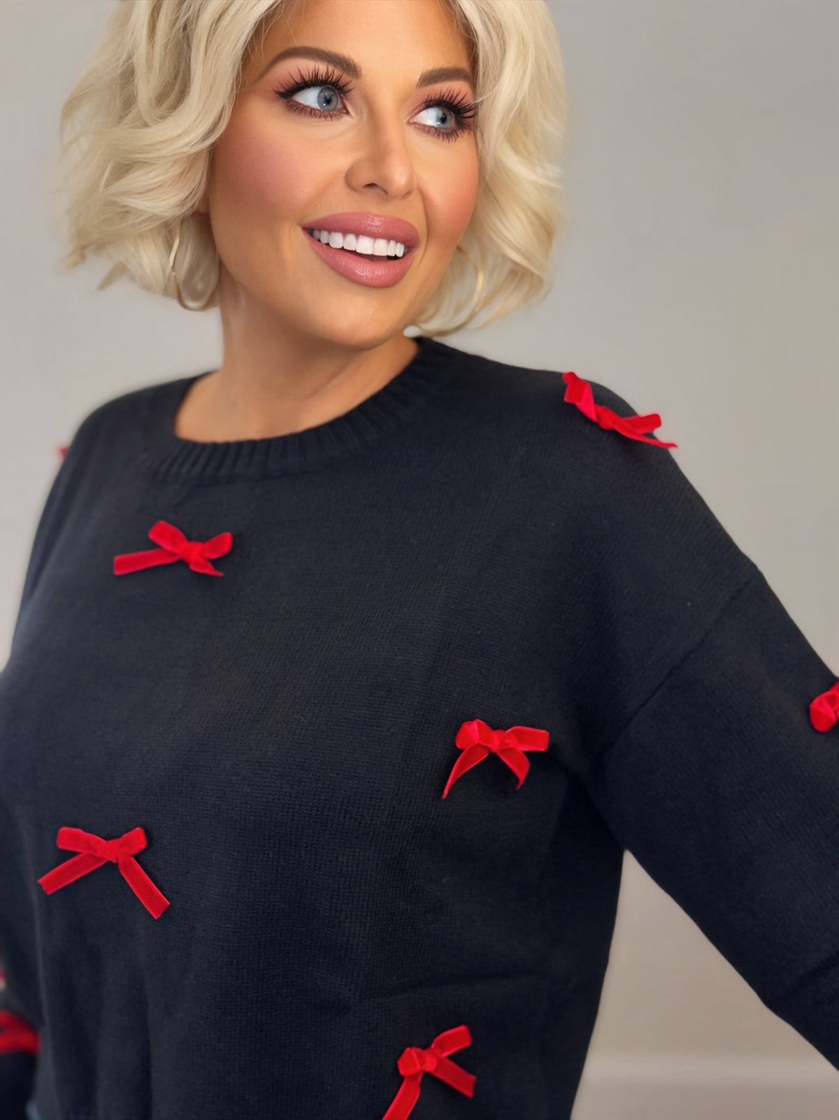 Black Sweater with Red Velvet Ribbon Bows