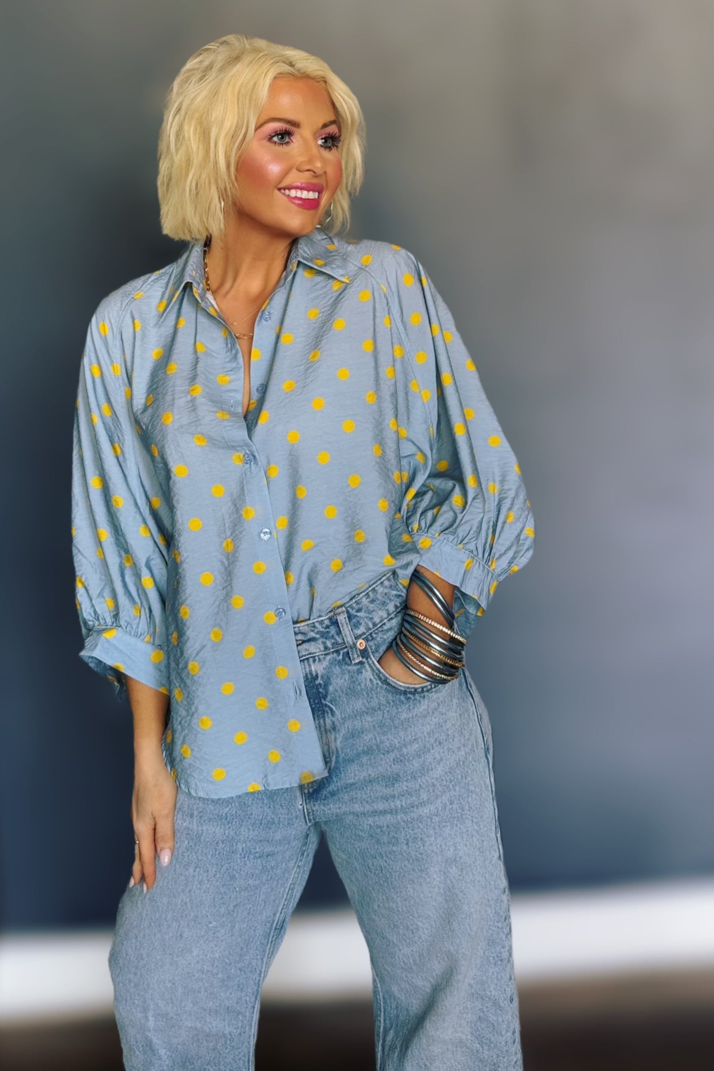 Freshly Picked Pale Blue Oversized Button-Down Polka Dot Blouse