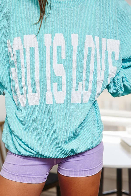 God Is Love Oversized Ribbed Sweatshirt – Christian Graphic Crewneck, Aqua Blue Faith-Based Pullover