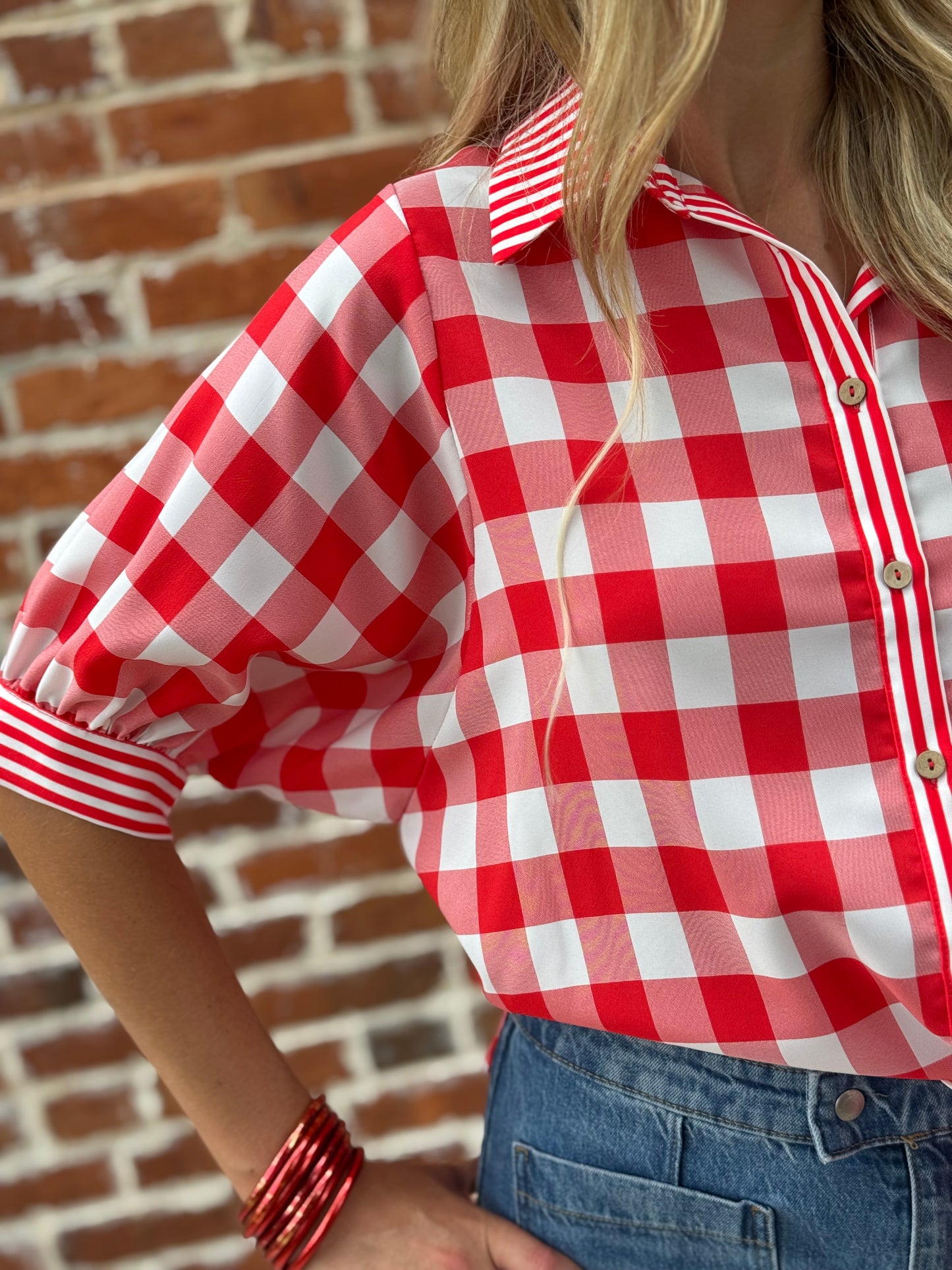 Rally Ready Red Gingham Contrast Stripe Button-Up Blouse