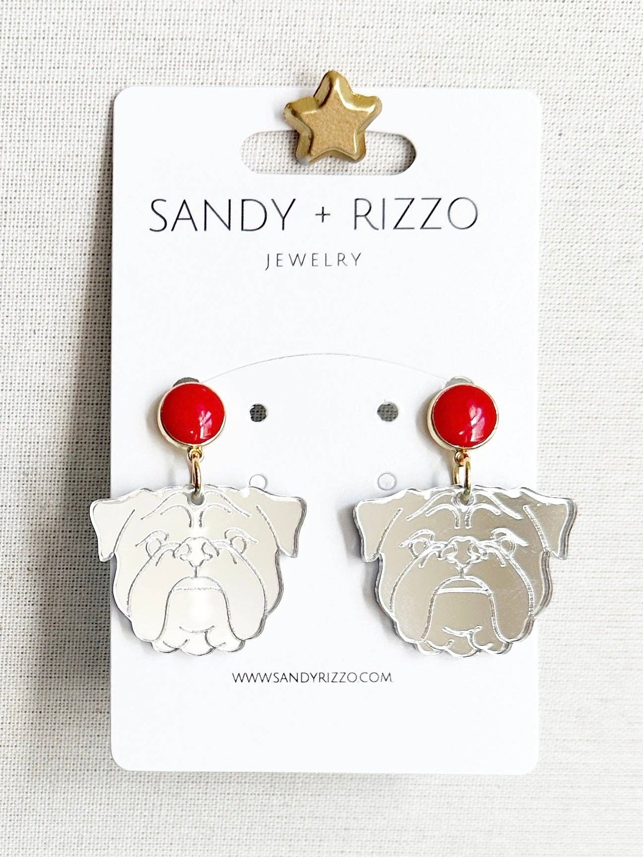 Medium Silver Mirrored Acrylic Bulldog Dangle with Red Enamel Top - American Graham Apparel