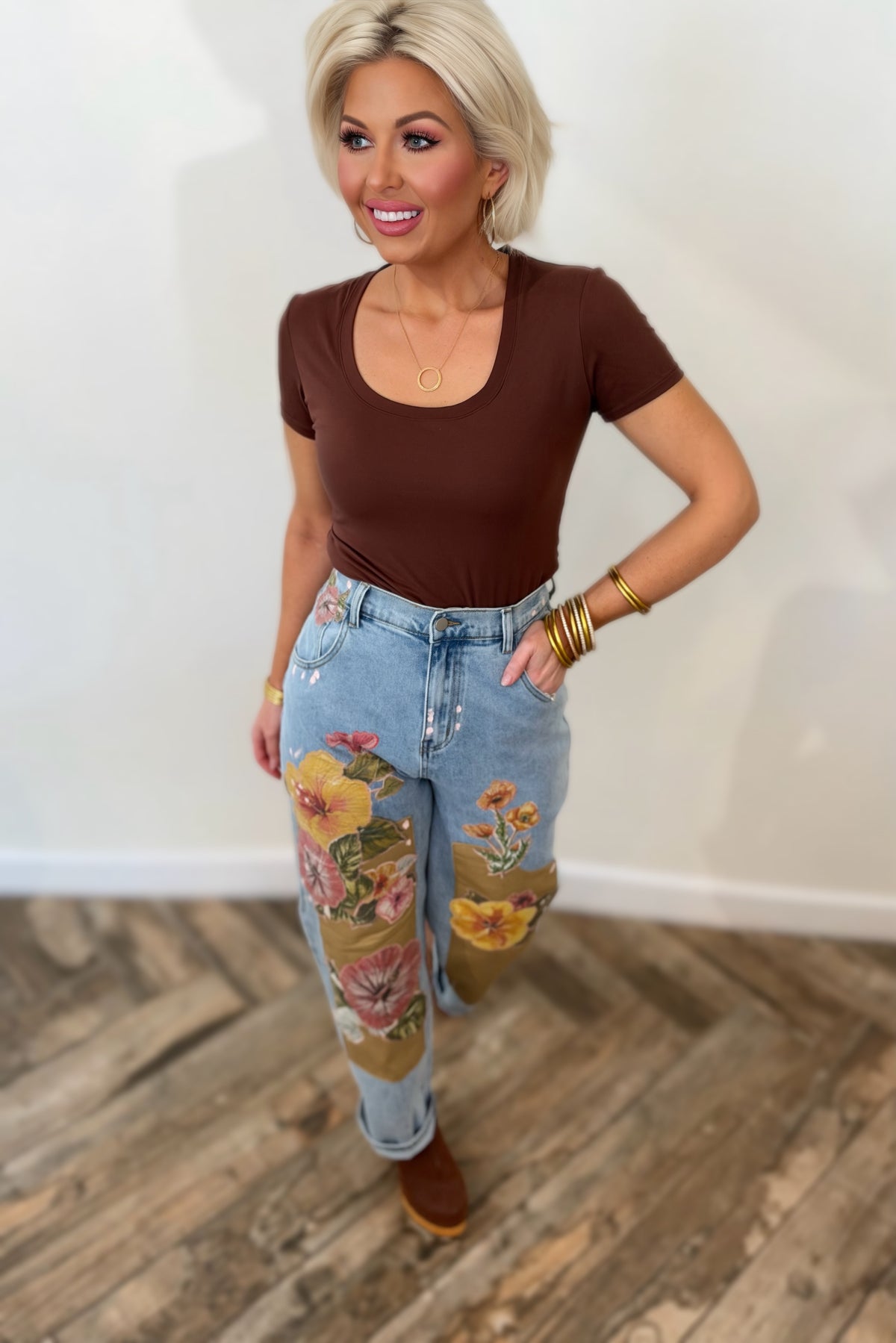 Autumn Floral Patchwork Barrel Leg Jeans – Light Wash