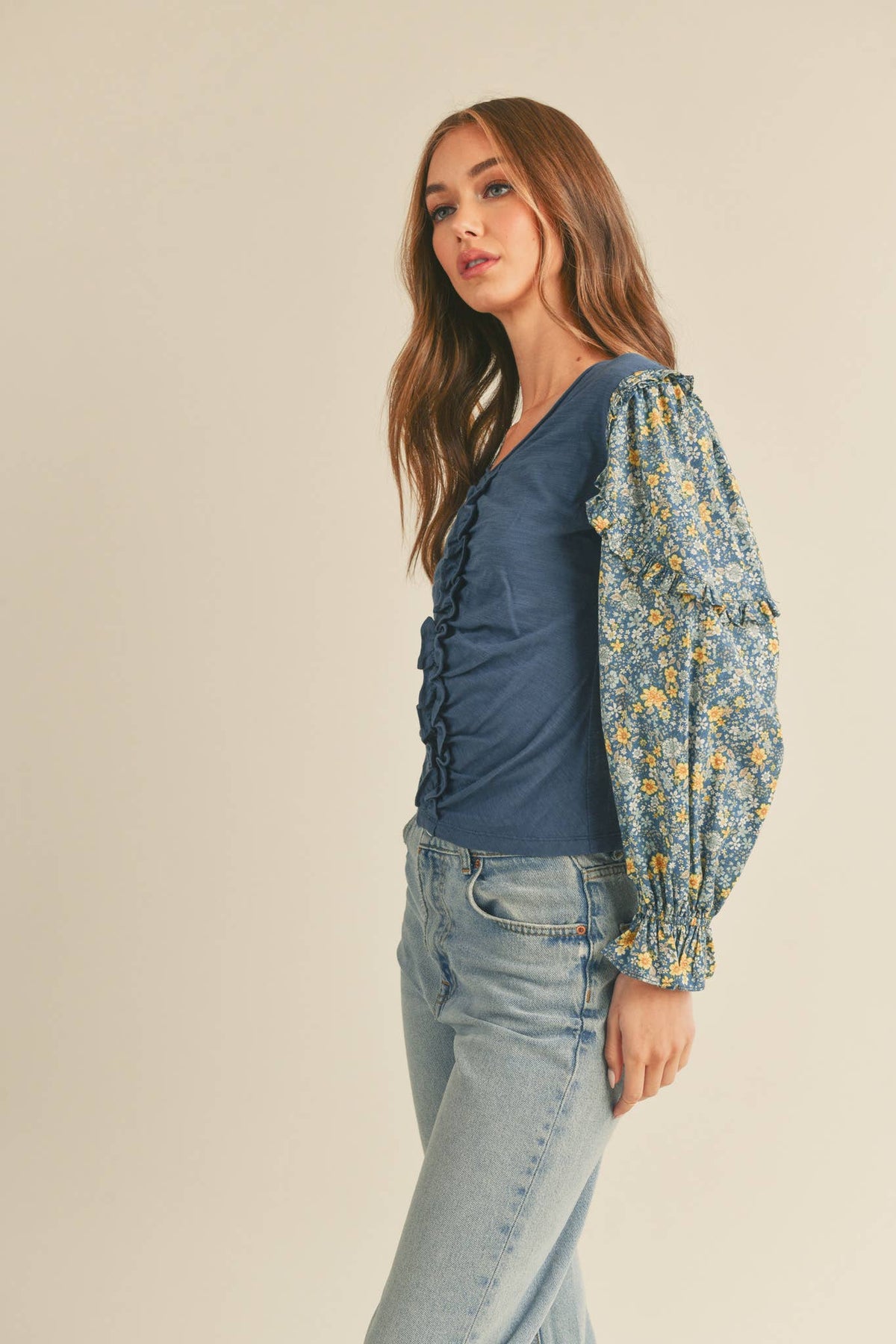 Dusty Blue Floral Puff Sleeve Cotton Blouse
