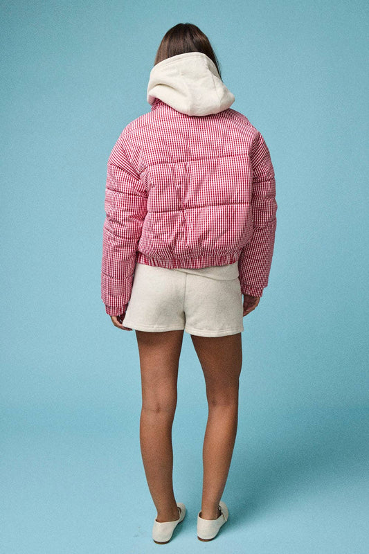 Check Me Out: Red & White Gingham Zip-Up Puffer Jacket