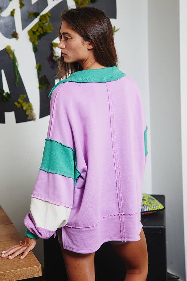 Lilac On The Lawn- French Terry Color-Block Collared Oversized Top